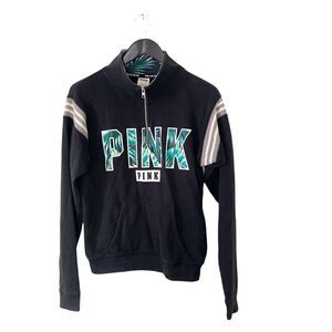 PINK Victoria’s Secret Black Green Palm‎ Tree Logo 1/4 Zip SweatShirt